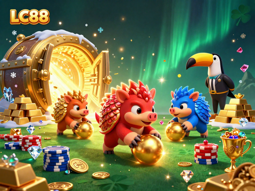 LC88 pangolins bowling through poker chips in vibrant, dynamic 3D casino scene