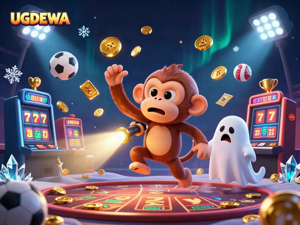 Engage with UGDEWA casino games featuring a jovial poltergeist monkey and a curious puppy amidst vibrant slot machines and sports elements.