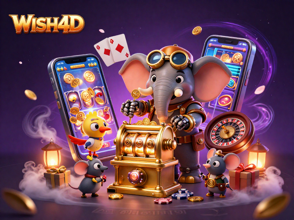 WISH4D 3D casino illustration showcases the energetic steampunk elephant slot machine engineer.