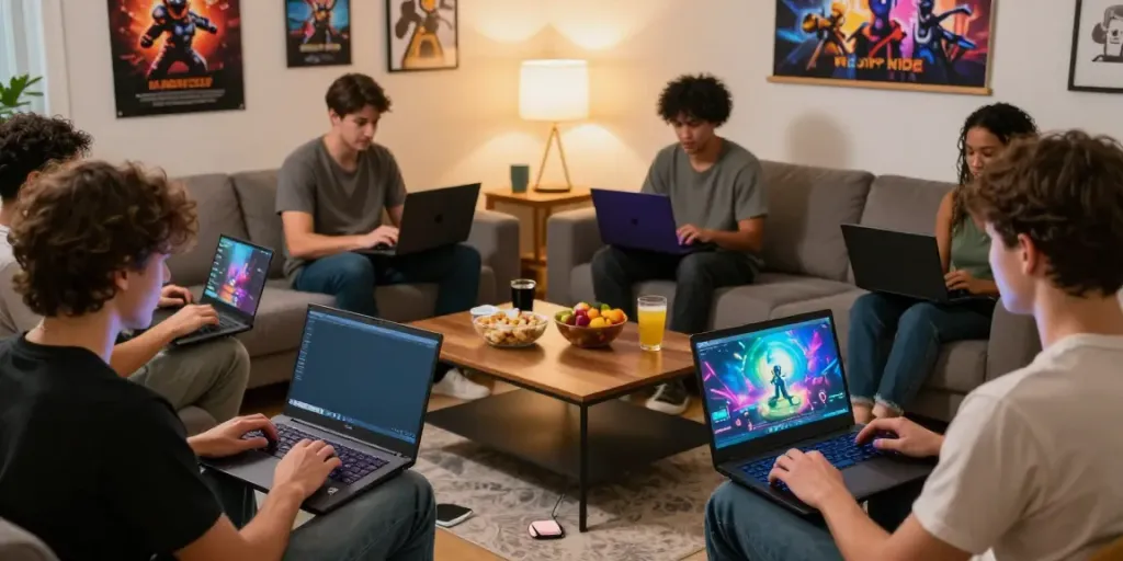 Adults engaging in online gaming at home, showcasing betawi777.com features in a vibrant setting.