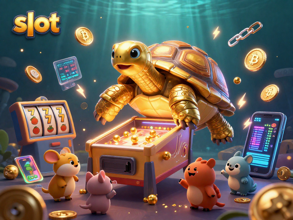Spin the slots and win big with an exciting scene featuring golden tortoise and casino elements.