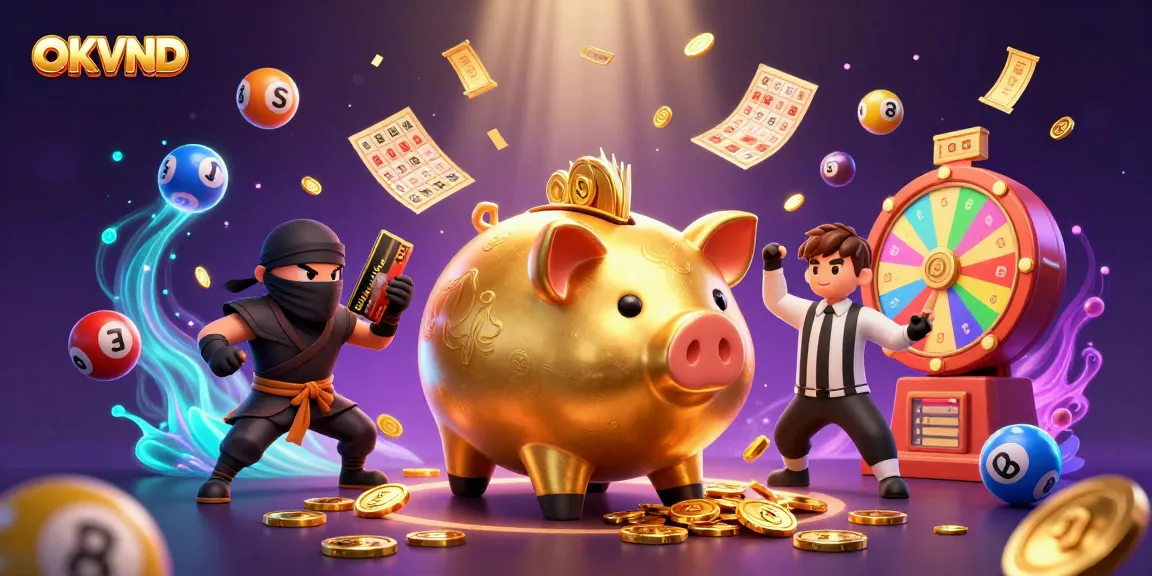 Engage with OKVND's casino excitement, featuring a golden piggy bank sumo wrestler amidst dynamic game elements.