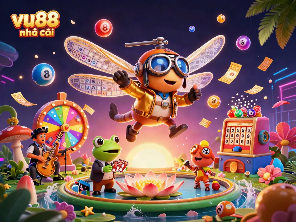 Experience the excitement of vu88 nhà cái with a vibrant 3D casino scene featuring a dragonfly pilot and frog croupier.