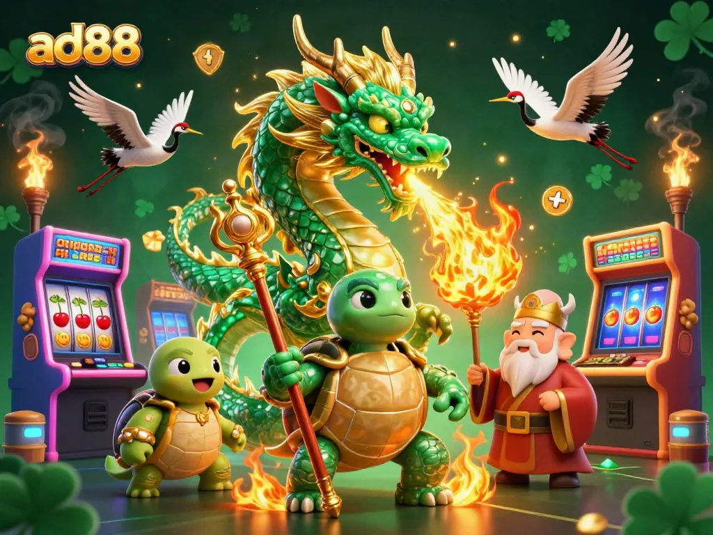 Engage with ad88's vibrant 3D casino illustration featuring a jade dragon and game elements.