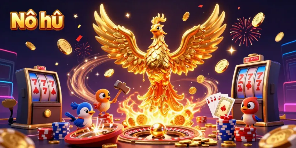 Nổ hũ showcases a golden phoenix and sparrow assistants amidst flying coins and dice, capturing casino excitement.