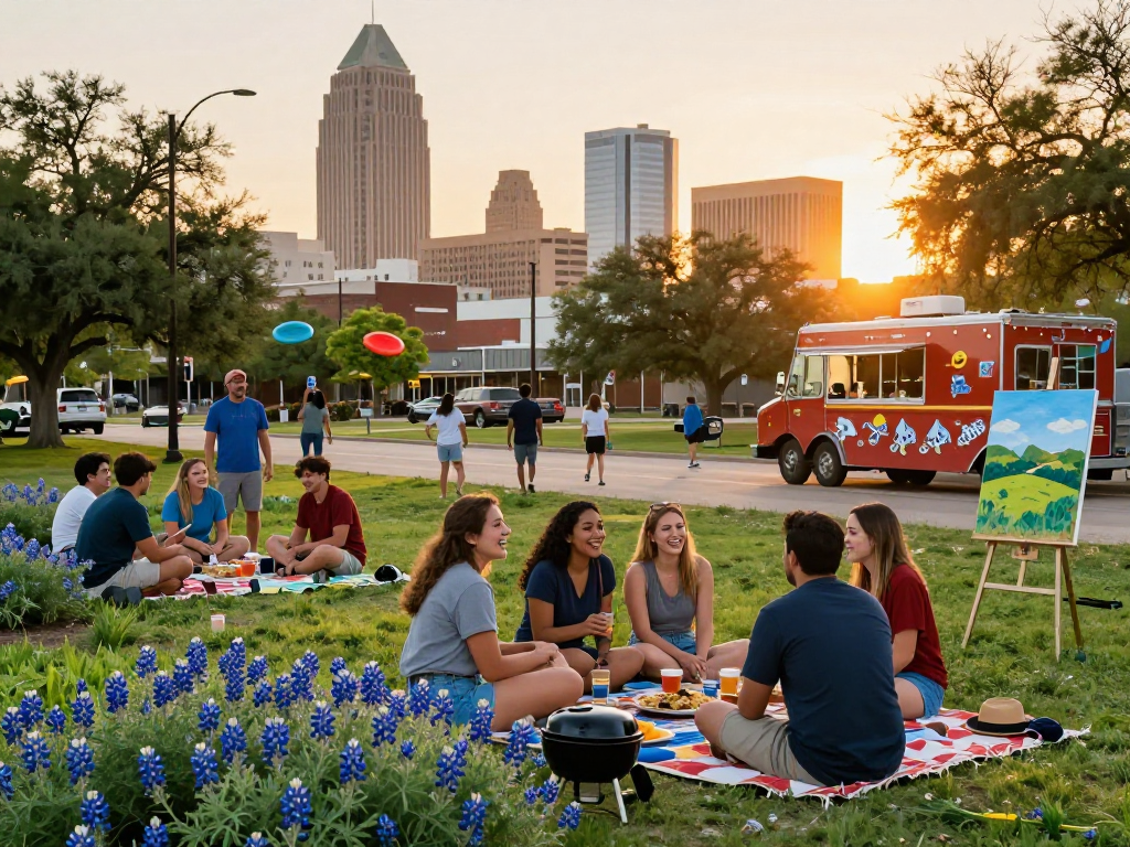 Diverse Texan community enjoying sunset picnic, reflecting on why do people hate Texas amid vibrant city backdrop.