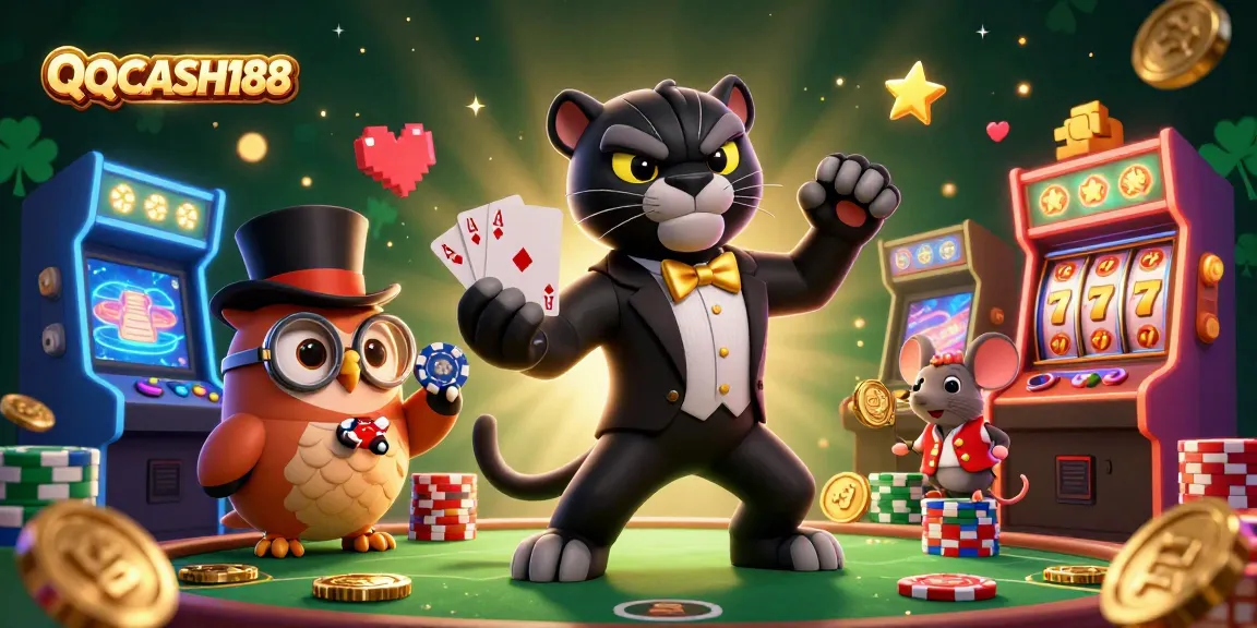 Engage with QQCASH188 at a vibrant casino featuring a stylish panther, owl, and lucky mouse.