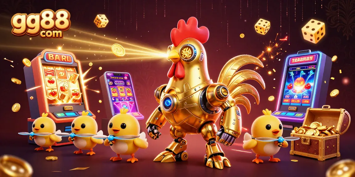 Experience thrilling jackpots at gg88 com with our exciting 3D casino illustration featuring golden rooster robot elements.