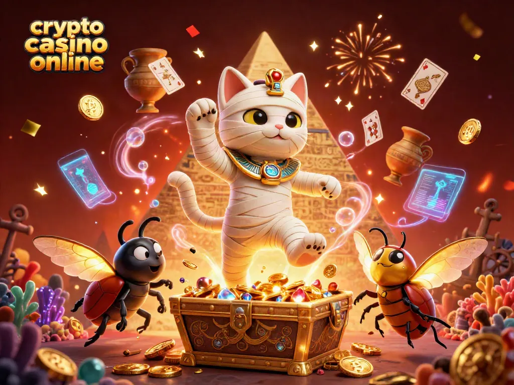 Gioca nei migliori crypto casino online con la mummia egiziana e il coleottero mentre esplodono monete d'oro.