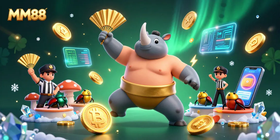 Experience MM88 excitement with a dynamic 3D illustration of a beetle champion amidst the thrill of online gambling.