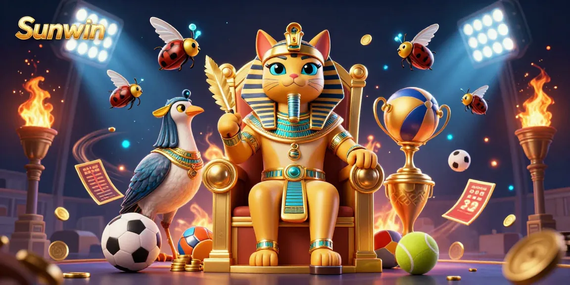 Sunwin combines sports betting excitement with a vibrant pharaoh cat illustration, promoting online gaming.