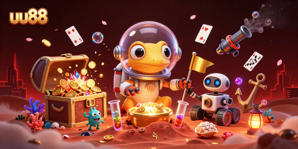 uu88 features a cartoon Martian gecko discovering a golden casino, surrounded by vibrant elements of joy and adventure.