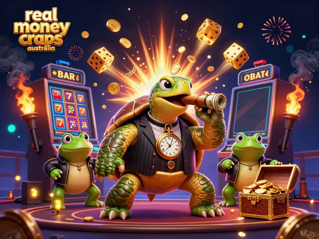 Engage in real money craps Australia with dynamic casino scene featuring vibrant characters and animated game elements.