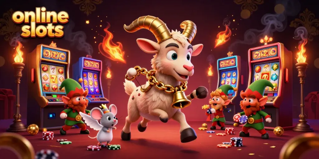 Spin online slots in a whimsical casino scene with Krampus, an angel mouse, and elf gremlins.