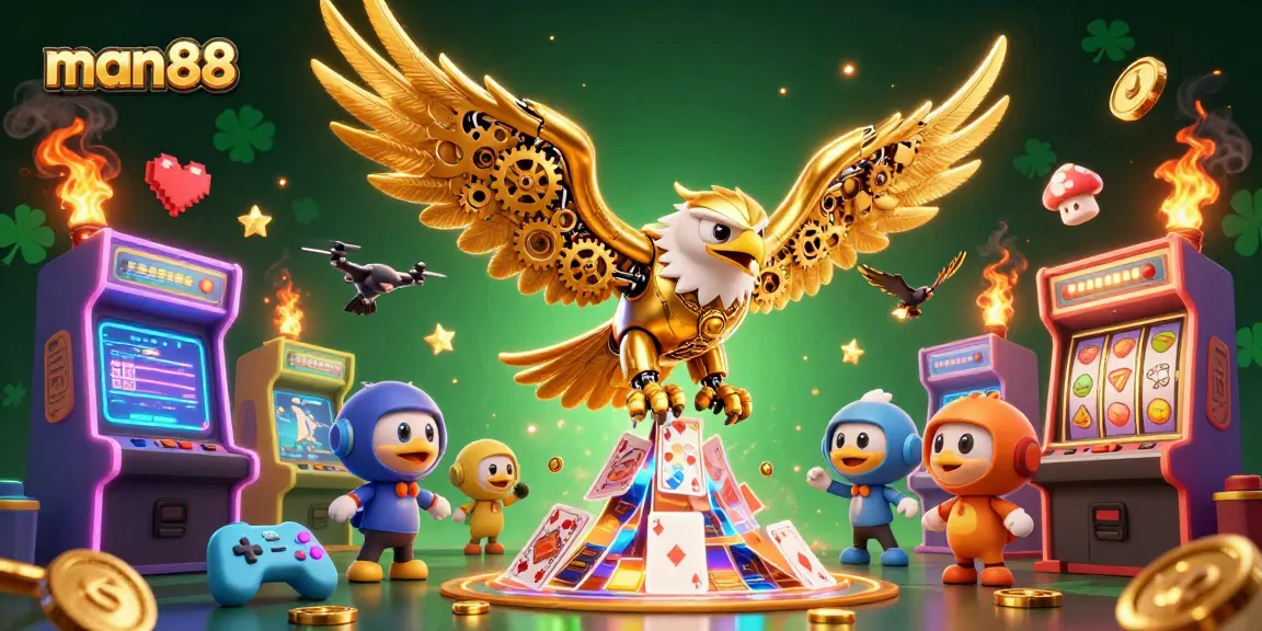 Experience thrilling gameplay with man88's vibrant 3D casino scene featuring a cybernetic golden eagle.