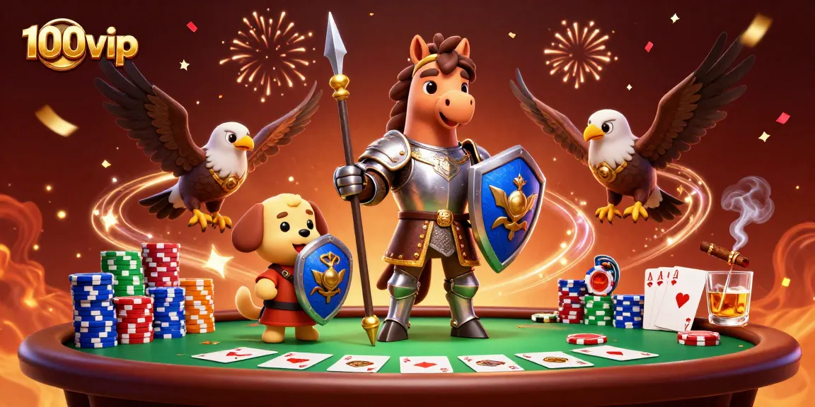 Experience 100vip's exciting gaming world with a knight, squire puppy, and falcon surrounded by poker elements.