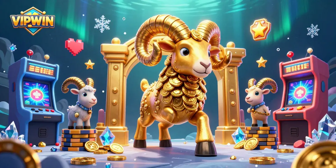 Experience the excitement of VIPWIN with a golden ram charging at the gateway of a vibrant casino.