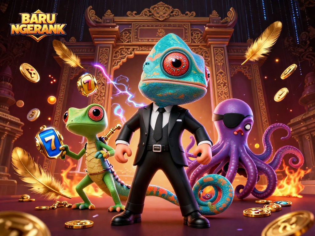 Win big with BARU NGERANK at this vibrant digital casino scene featuring exciting slot reels.