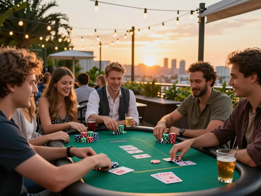 Exciting outdoor gambling scene featuring friends enjoying poker gameplay at ligasedayu terrace during sunset.