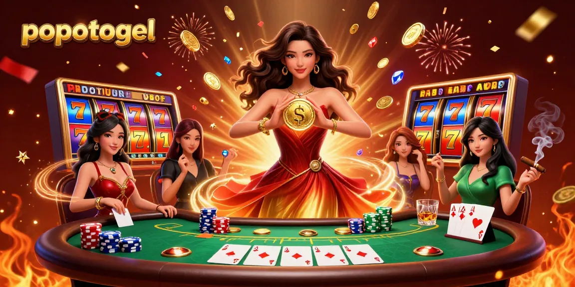 Experience the excitement of popotogel with vibrant slot reels and a powerful golden coin celebration.