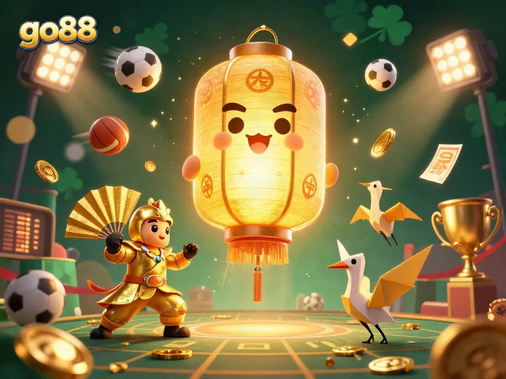 Trình bày hình ảnh về cổng game go88 với đèn lồng vàng và trò chơi thể thao sôi động.