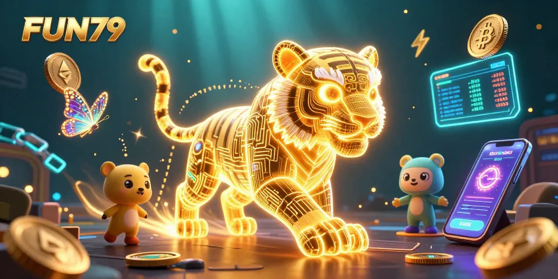 Experience excitement at FUN79 with a vibrant digital casino scene featuring a golden tiger in a neon landscape.