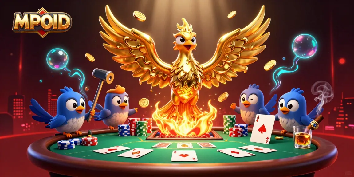 MPOID phoenix unleashing gold coins on a vibrant casino scene filled with poker chips and a glowing atmosphere.