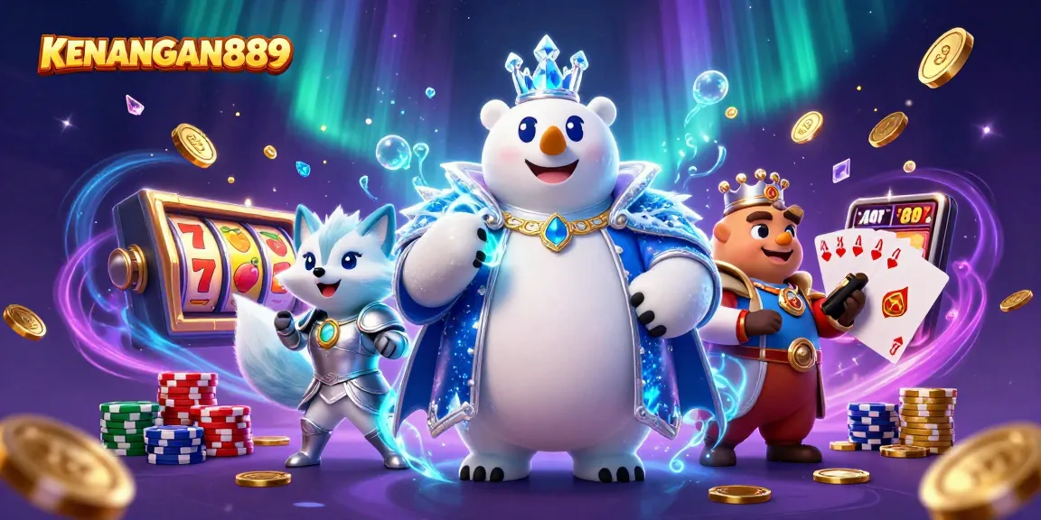 Play and win with KENANGAN889's dynamic casino elements, featuring slot games and vibrant characters.