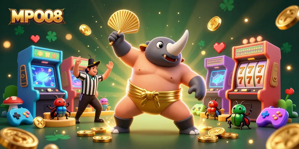 MPO08 champions the slot game adventure, featuring vibrant 3D visuals with dynamic elements like slot reels and golden coins.