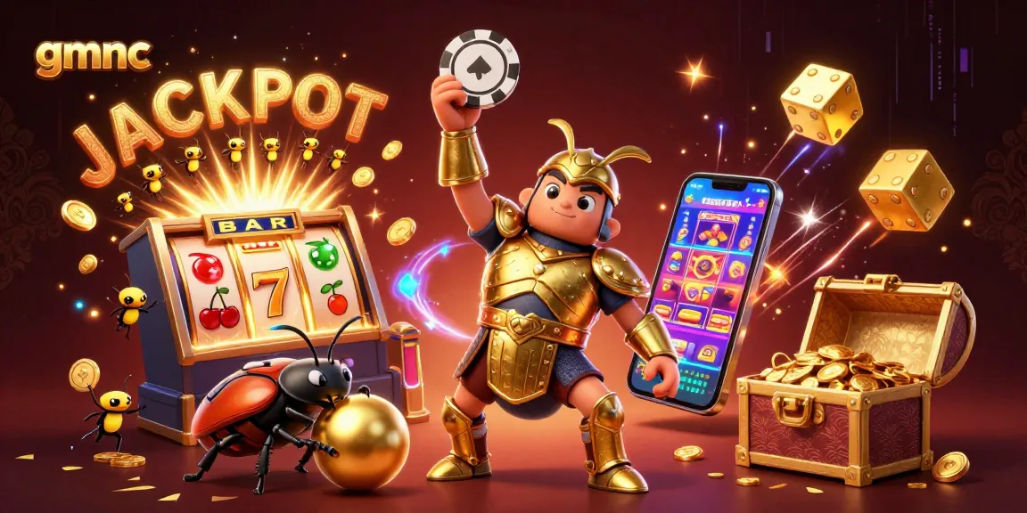 Experience the thrill of gmnc casino gaming with a heroic 3D beetle celebrating a jackpot