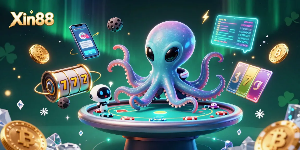 Experience thrilling gaming at Xin88 with an exciting 3D casino scene featuring an alien octopus and digital poker.
