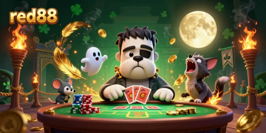 Experience thrilling gambling action at red88 with a lively cartoon scene featuring a bulldog dealer and a magical atmosphere.