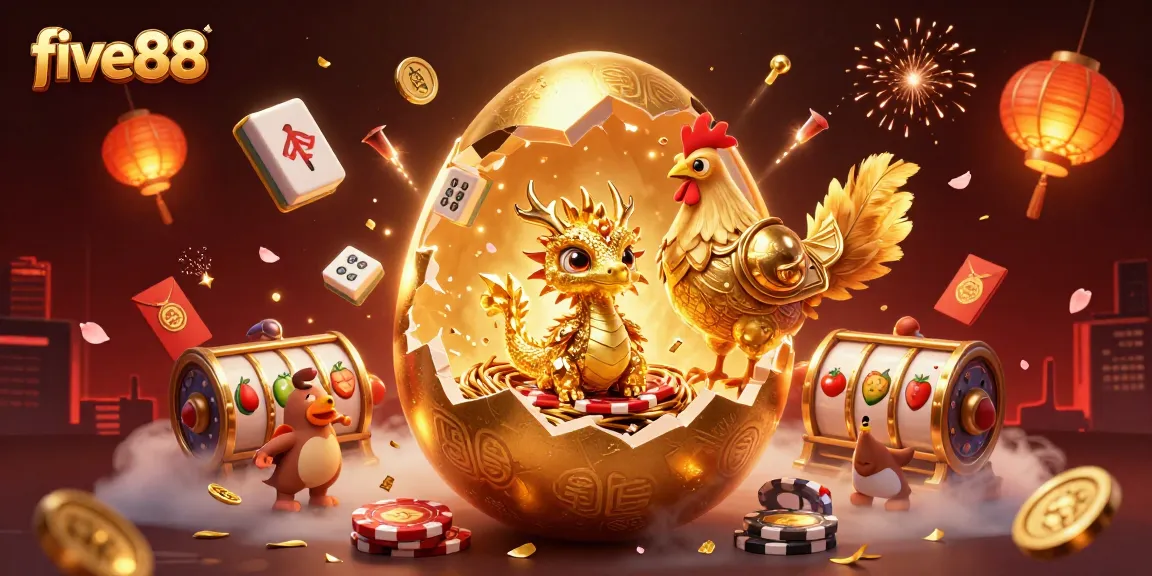 Join the excitement at five88 with a golden dragon amidst vibrant casino elements.