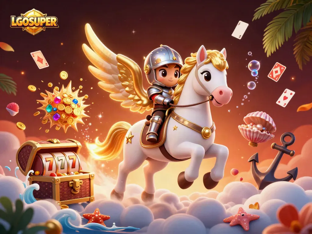 Play exciting slots with LGOSUPER featuring a magical knight and celestial horse amidst golden treasures.
