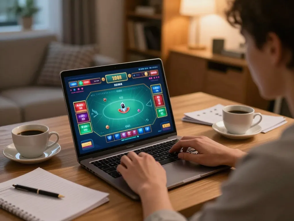Engaging scene of online gambling on Trang chủ MM88 showcasing user interaction with poker game interface in a cozy home setting.
