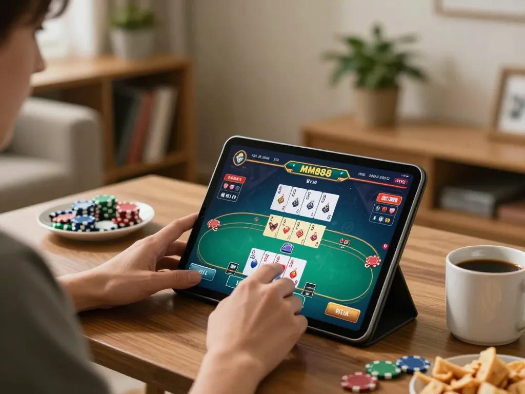 Engaged player enjoying MM88 online poker game on tablet in cozy home setting