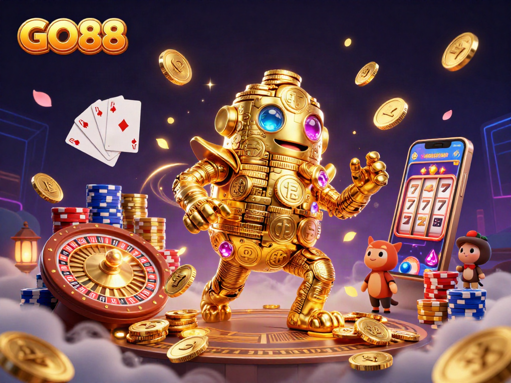 Engage with GO88's vibrant casino adventure featuring a golden golem and dynamic games.