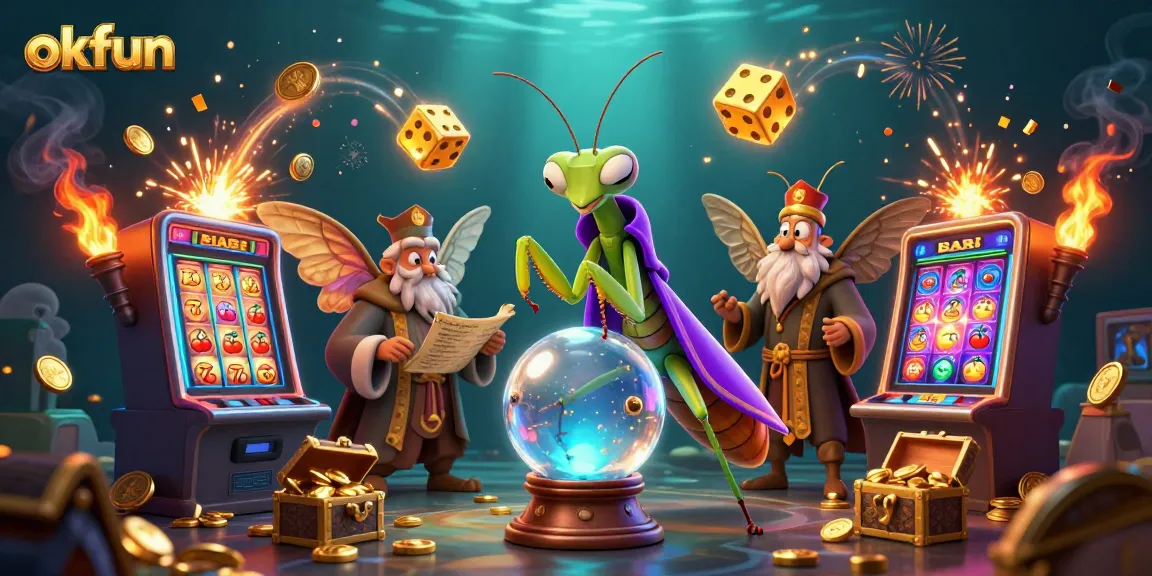 okfun slots and jackpots, featuring 3D cartoon fortune teller and moth librarian in a dynamic casino scene