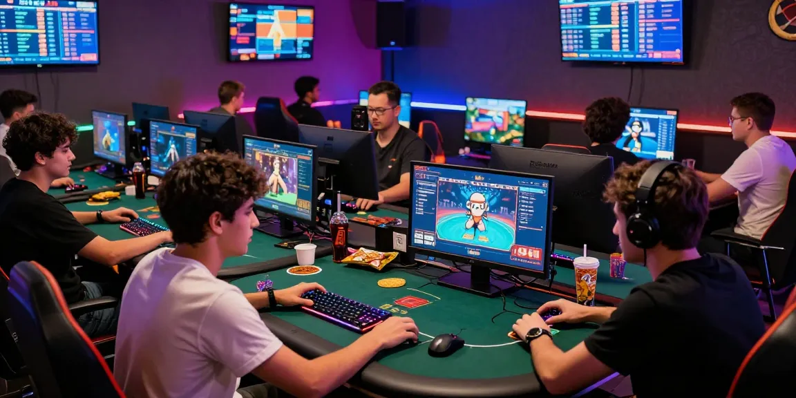 Exciting gaming café scene with friends playing Daftar Domino8 online poker, vibrant atmosphere with high-tech setups.