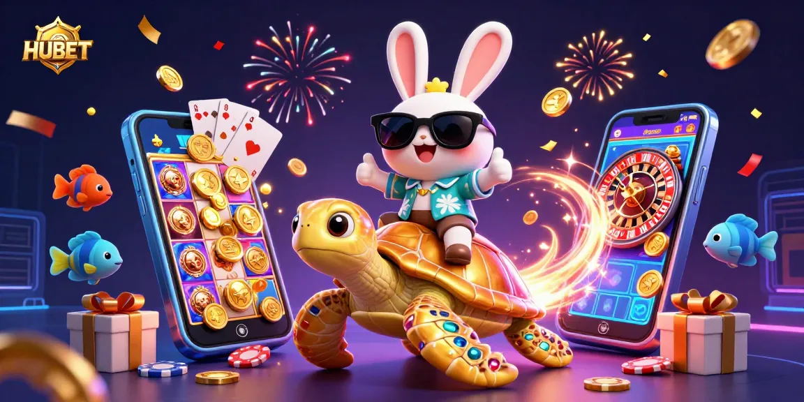 HUBET showcases a thrilling gaming scene with a lucky rabbit and sea turtle amid vibrant casino elements.