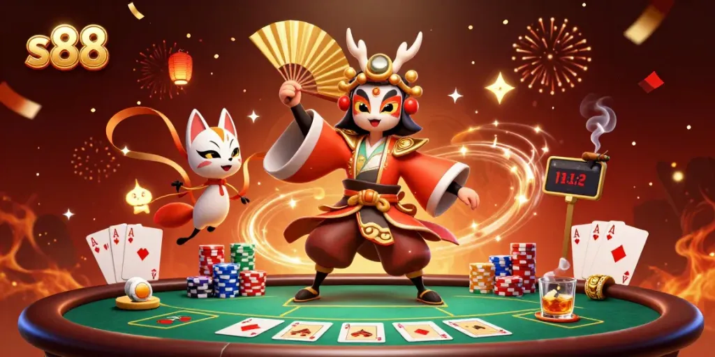 S88 kabuki warrior and kitsune mask in a vibrant casino scene with poker elements