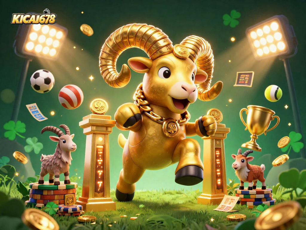 KICAU678 players experience thrilling sports betting with a 3D ram charging at a golden gate.