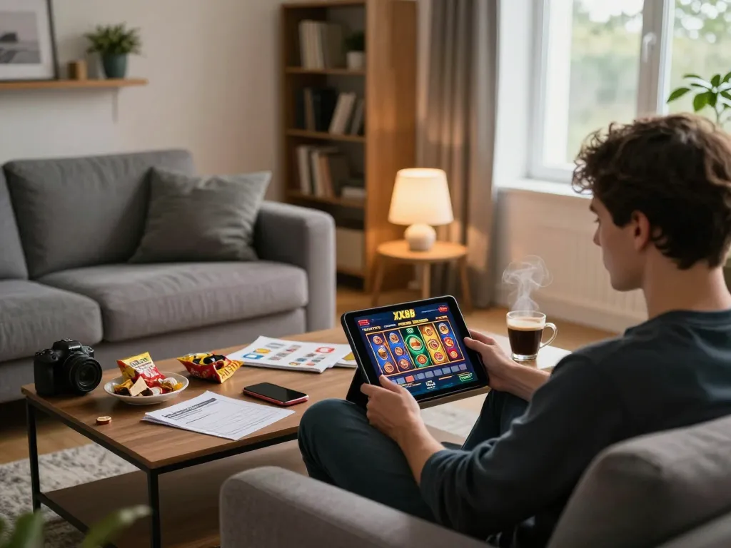 Engaging scene of a person enjoying online gaming at home with XX88 casino app on a tablet, showcasing a cozy and strategic atmosphere.