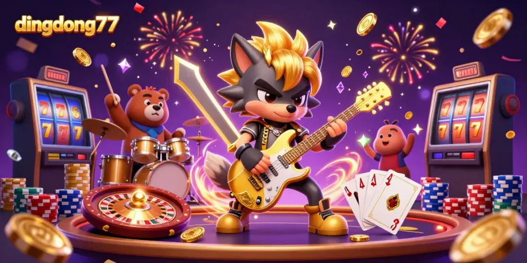 Unleash the excitement at dingdong77 with a rock star wolf and a drummer bear amidst flying coins and neon lights.