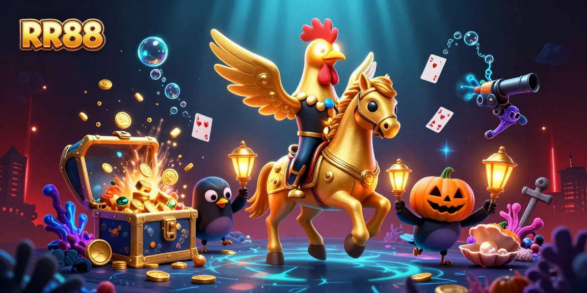 Experience exciting gaming action at RR88 with a dynamite scene featuring a golden rooster and underwater treasures.