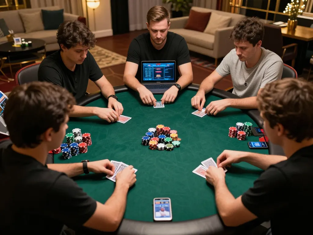 Players enjoy an online poker game at cm88seo, focusing on their cards in a cozy home setting.