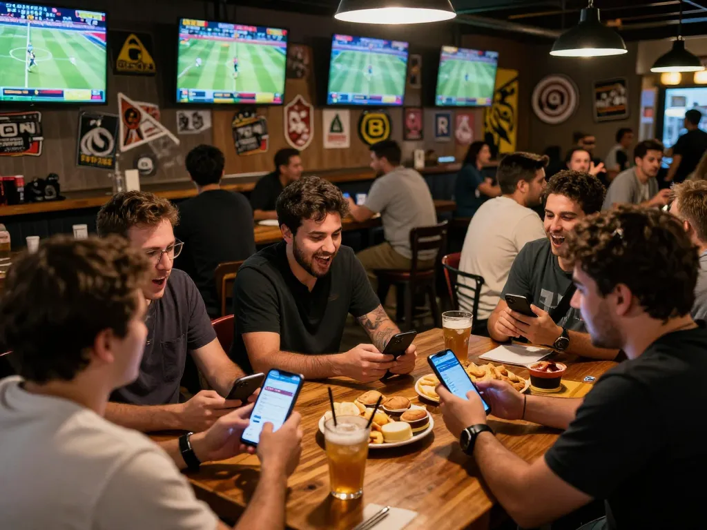 Engaging sports fans placing bets on Fun88 app while cheering for live games in a vibrant sports bar atmosphere.