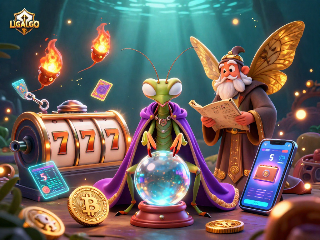 LIGALGO enhances online gaming with lively casino visuals featuring vibrant slot symbols and mystical characters.