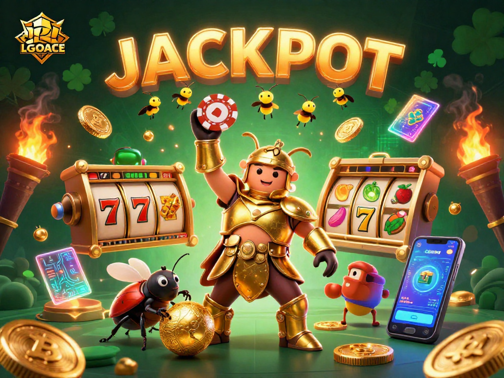 Engage with LGOACE's vibrant slots experience featuring a victorious beetle and jackpot symbols.