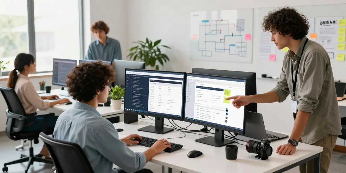 Web development company in Malaysia team collaborating in a modern office with laptops, code, and design mock-ups.
